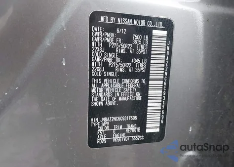 2012 Infiniti Qx56 from USA, damaged, VIN JN8AZ2NC6C9317696